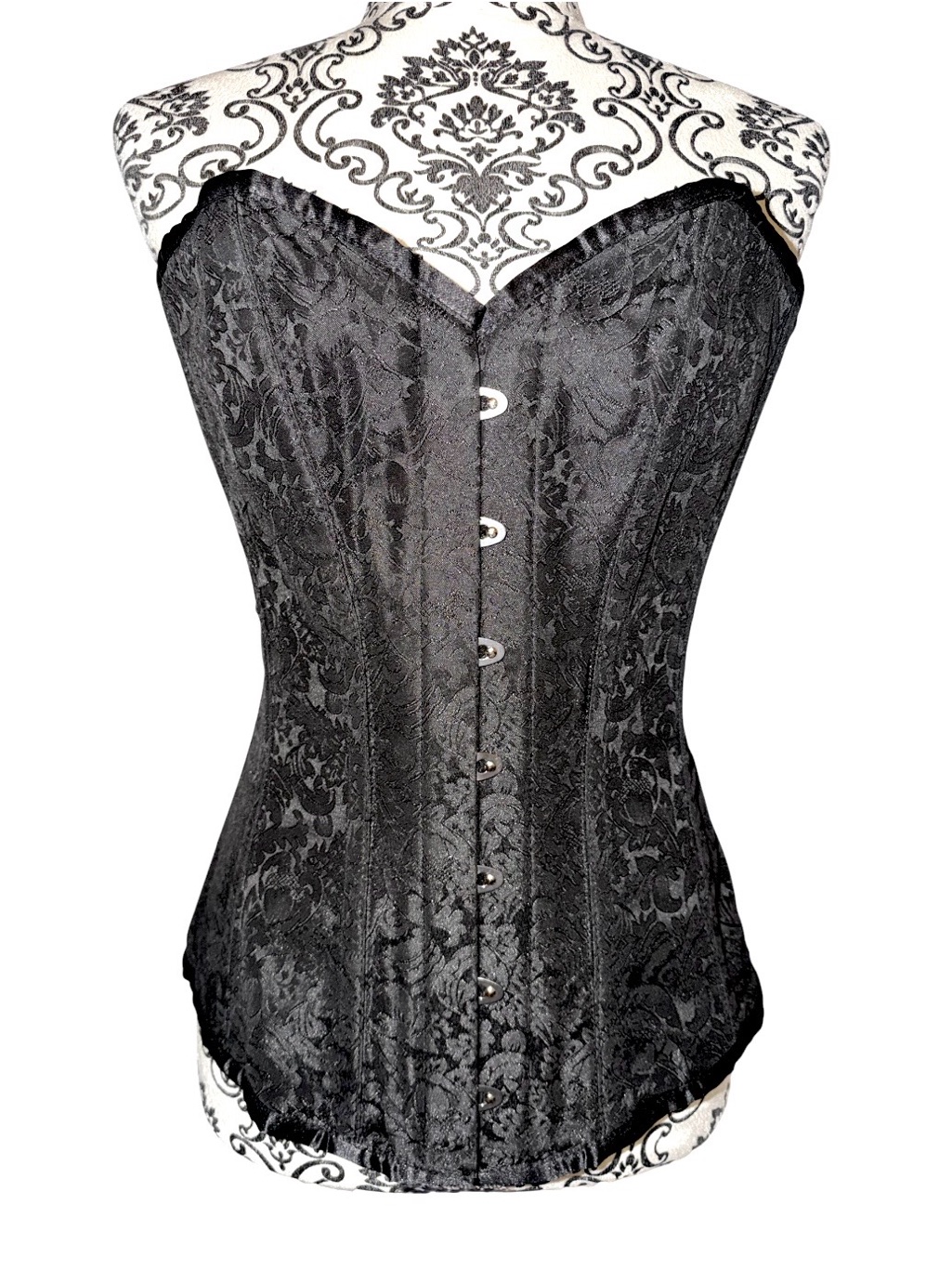 Black Jacquard Steel Boned Longline Sweetheart Neckline Corset W Sheer Tie Sash